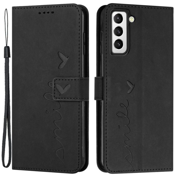 Heart Shape Imprinted Case for Samsung Galaxy S22+ 5G, Dual-sided Magnetic Clasp Skin-touch Feeling PU Leather Wallet Stand Cover with Strap Online now