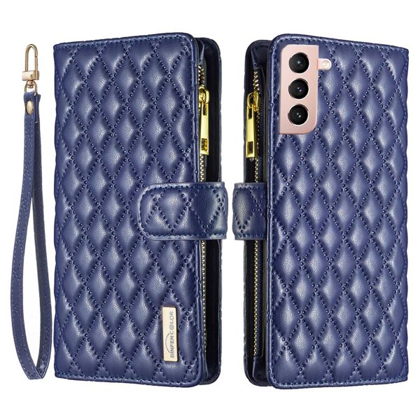 BINFEN COLOR BF Style-15 for Samsung Galaxy S21 4G   5G Rhombus Pattern Imprinted Matte PU Leather TPU Case Stand Wallet Zipper Pocket Phone Shell Protector Online now