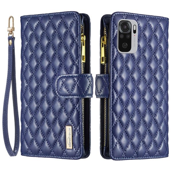 BINFEN COLOR for Xiaomi Poco M5s 4G   Redmi Note 10 4G   Redmi Note 10S 4G BF Style-15 Smart Phone Imprinted Rhombus Pattern Case with Zipper Pocket Bump Proof Stand Matte PU Leather Wallet Cover Fashion