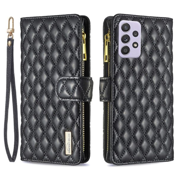 BINFEN COLOR for Samsung Galaxy A52 4G   5G   A52s 5G BF Style-15 Imprinted Rhombus Pattern Protective Case with Zipper Pocket Stand Matte PU Leather Wallet Cover For Discount