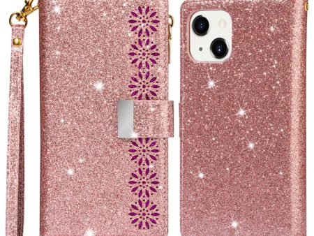 For iPhone 14 6.1 inch Anti-scratch Flip Leather Case, Laser Carving Glittery Starry Style Zipper Wallet Stand with Strap Supply