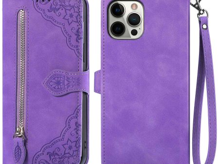 For iPhone 12 Pro Max 6.7 inch Imprinted Leather Anti-scratch Well-protected Magnetic Phone Case Zipper Pocket Design Folio Flip Wallet Shell with Stand Sale