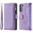 005 Style for Samsung Galaxy S22+ 5G Zipper Pocket Design PU Leather Phone Drop-proof Cover Rhombus Texture Stand Wallet Case with Strap For Sale