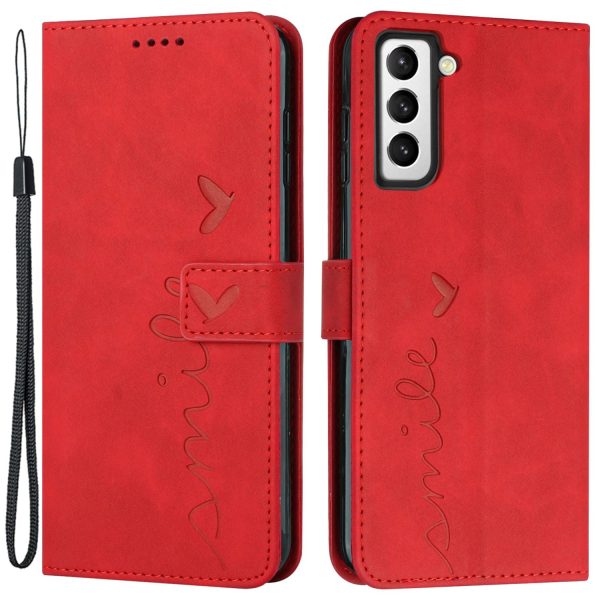 Heart Shape Imprinted Case for Samsung Galaxy S22+ 5G, Dual-sided Magnetic Clasp Skin-touch Feeling PU Leather Wallet Stand Cover with Strap Online now