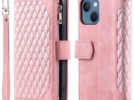 005 Style Rhombus Texture Stand Wallet Case for iPhone 14 6.1 inch, PU Leather Zipper Pocket Phone Shell with Wrist Strap Online Sale