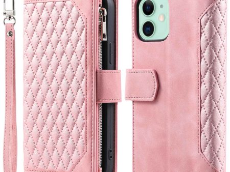 005 Style PU Leather Zipper Pocket Case for iPhone 12 mini 5.4 inch, Stand Rhombus Texture Anti-drop Phone Wallet Cover with Wrist Strap Online now