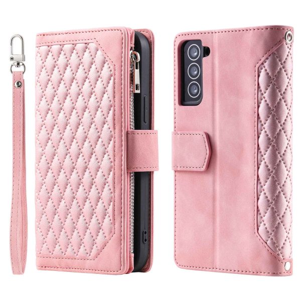 005 Style for Samsung Galaxy S22+ 5G Zipper Pocket Design PU Leather Phone Drop-proof Cover Rhombus Texture Stand Wallet Case with Strap For Sale