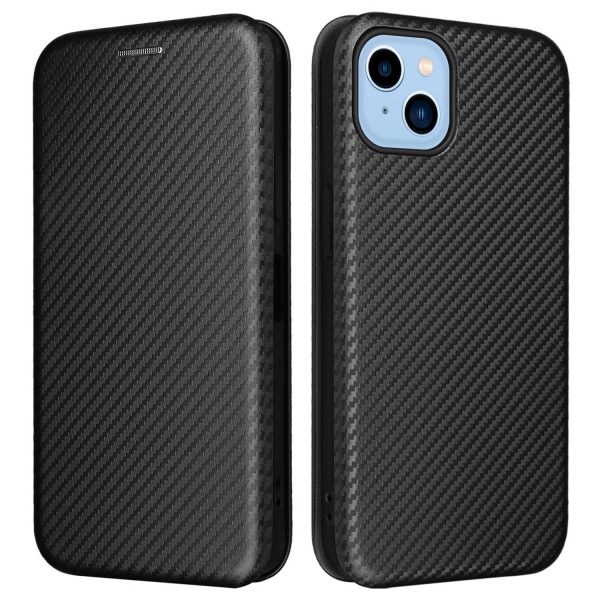 For iPhone 14 6.1 inch Carbon Fiber Texture Mobile Phone Case Magnetic Auto-absorbed PU Leather Stand Card Holder Function Phone Cover For Sale