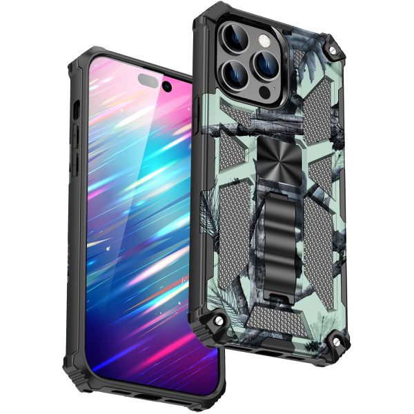 For iPhone 14 Pro 6.1 inch Anti-drop Military Grade Camouflage Kickstand Phone Case PC + TPU Scratch Resistant Cellphone Cover For Sale