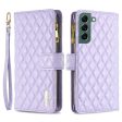 BINFEN COLOR for Samsung Galaxy S22+ 5G BF Style-15 Imprinted Rhombus Pattern Case with Zipper Pocket Flip Stand Matte PU Leather Wallet Cover Online now