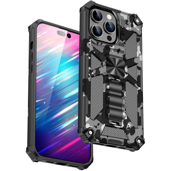 For iPhone 14 Pro 6.1 inch Anti-drop Military Grade Camouflage Kickstand Phone Case PC + TPU Scratch Resistant Cellphone Cover For Sale