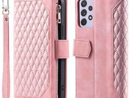 005 Phone Covering Shell for Samsung Galaxy A52s 5G     A52 5G   4G, Rhombus Grid Textured PU Leather Phone Case Zipper Pocket Stand Wallet with Strap Online now