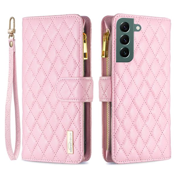 BINFEN COLOR for Samsung Galaxy S22+ 5G BF Style-15 Imprinted Rhombus Pattern Case with Zipper Pocket Flip Stand Matte PU Leather Wallet Cover Online now