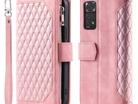 005 Style Smartphone Cover for Xiaomi Redmi Note 11 4G (Qualcomm)   Note 11S 4G, Rhombus Texture PU Leather Zipper Pocket Stand Wallet Case with Strap Discount