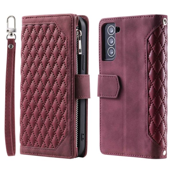 005 Style for Samsung Galaxy S22+ 5G Zipper Pocket Design PU Leather Phone Drop-proof Cover Rhombus Texture Stand Wallet Case with Strap For Sale