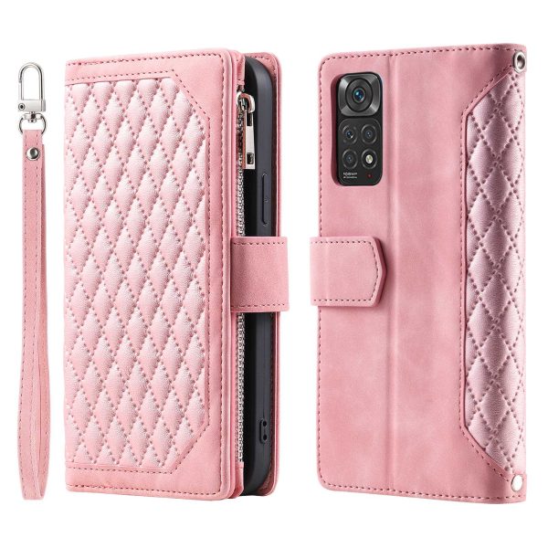 005 Style PU Leather Phone Cover for Xiaomi Redmi Note 11 Pro 4G (Mediatek)   11 Pro 5G (Qualcomm), Rhombus Texture Zipper Pocket Shell Stand Wallet Case with Strap on Sale