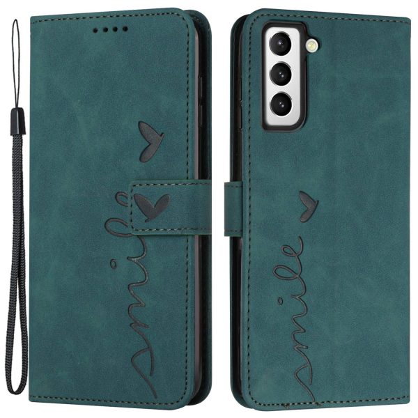 Heart Shape Imprinted Case for Samsung Galaxy S22+ 5G, Dual-sided Magnetic Clasp Skin-touch Feeling PU Leather Wallet Stand Cover with Strap Online now