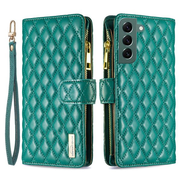 BINFEN COLOR for Samsung Galaxy S22+ 5G BF Style-15 Imprinted Rhombus Pattern Case with Zipper Pocket Flip Stand Matte PU Leather Wallet Cover Online now