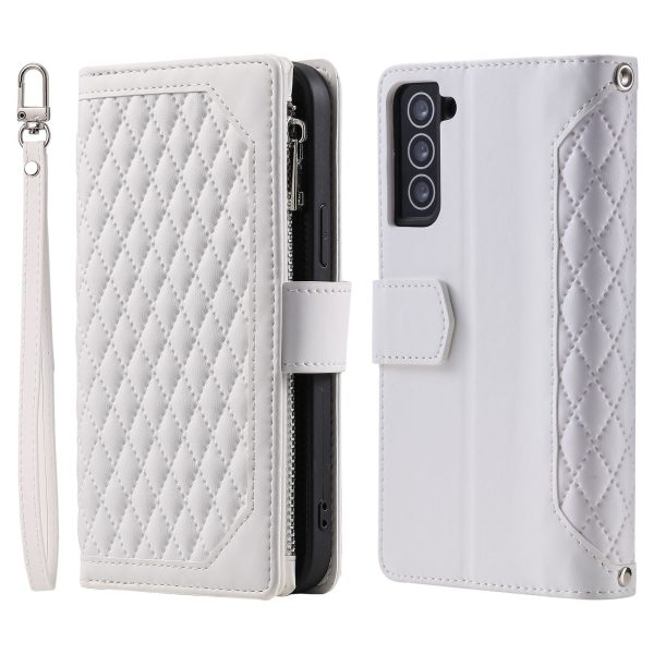 005 Style for Samsung Galaxy S22+ 5G Zipper Pocket Design PU Leather Phone Drop-proof Cover Rhombus Texture Stand Wallet Case with Strap For Sale