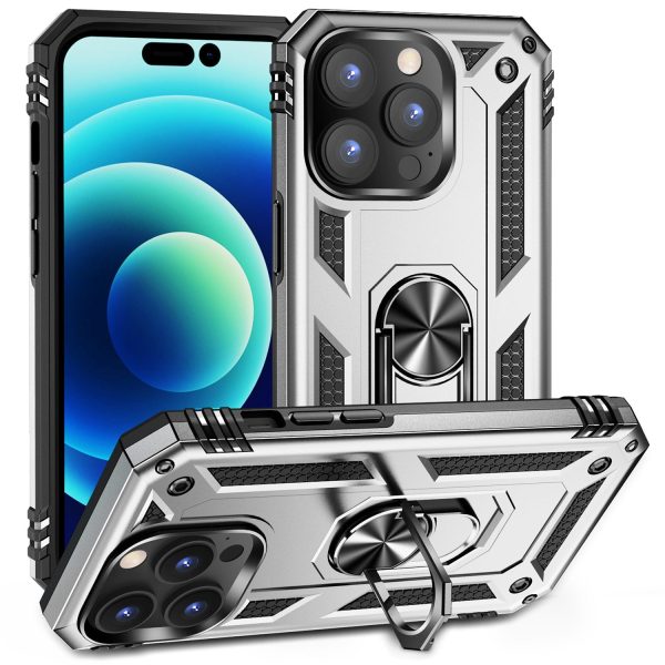 For iPhone 14 Pro Max 6.7 inch Rotary Kickstand Phone Case Soft TPU Hard PC Back Cover with Built-in Metal Sheet Supply