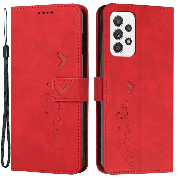 For Samsung Galaxy A73 5G Heart Shape Imprinted Anti-fall Handy Strap Design Case Skin-touch Feeling PU Leather Wallet Stand Flip Phone Shell Sale