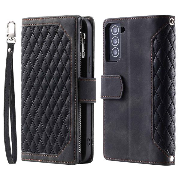 005 Style for Samsung Galaxy S22+ 5G Zipper Pocket Design PU Leather Phone Drop-proof Cover Rhombus Texture Stand Wallet Case with Strap For Sale