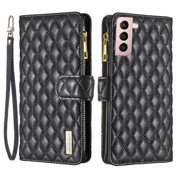 BINFEN COLOR BF Style-15 for Samsung Galaxy S21 4G   5G Rhombus Pattern Imprinted Matte PU Leather TPU Case Stand Wallet Zipper Pocket Phone Shell Protector Online now