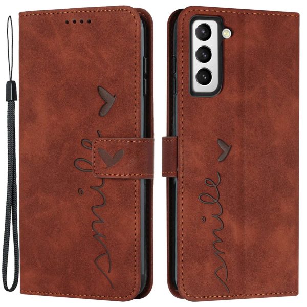 Heart Shape Imprinted Case for Samsung Galaxy S22+ 5G, Dual-sided Magnetic Clasp Skin-touch Feeling PU Leather Wallet Stand Cover with Strap Online now