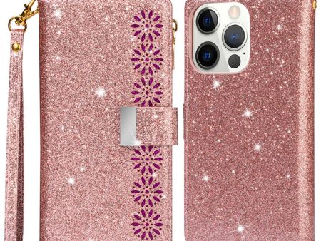 For iPhone 14 Plus 6.7 inch Flip Cover, Laser Carving Glittery Starry Style Zipper Wallet Stand Leather Phone Case with Strap Cheap