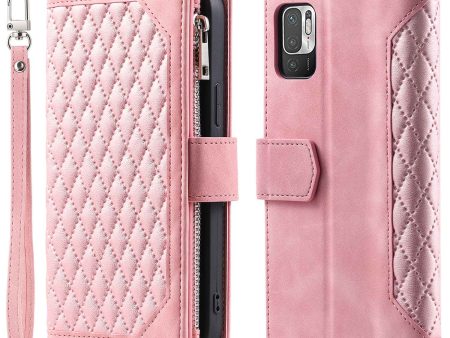 005 Style for Xiaomi Poco M3 Pro 4G   5G   Redmi Note 10T 5G   Note 10 5G Rhombus Texture Wallet Stand Leather Phone Case with Zipper Pocket and Wrist Strap Online Hot Sale