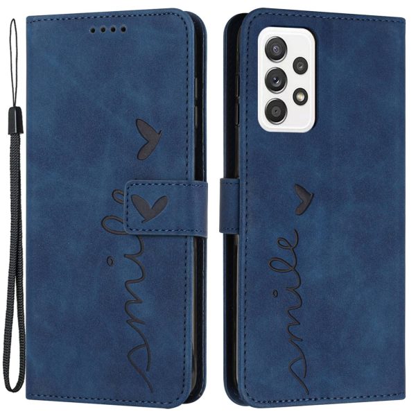 For Samsung Galaxy A73 5G Heart Shape Imprinted Anti-fall Handy Strap Design Case Skin-touch Feeling PU Leather Wallet Stand Flip Phone Shell Sale