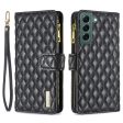 BINFEN COLOR for Samsung Galaxy S22+ 5G BF Style-15 Imprinted Rhombus Pattern Case with Zipper Pocket Flip Stand Matte PU Leather Wallet Cover Online now