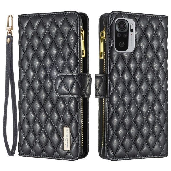 BINFEN COLOR for Xiaomi Poco M5s 4G   Redmi Note 10 4G   Redmi Note 10S 4G BF Style-15 Smart Phone Imprinted Rhombus Pattern Case with Zipper Pocket Bump Proof Stand Matte PU Leather Wallet Cover Fashion