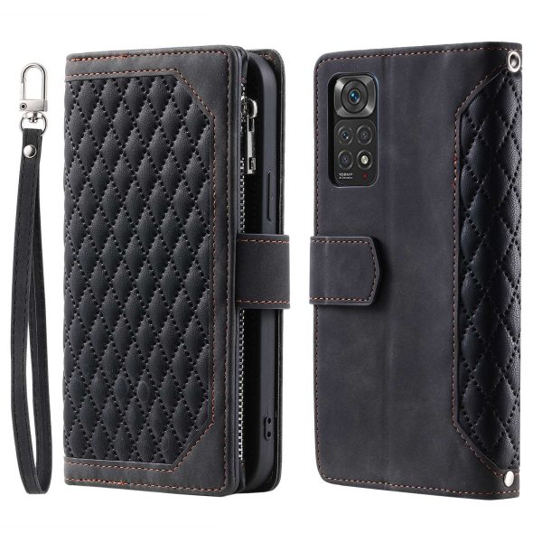 005 Style PU Leather Phone Cover for Xiaomi Redmi Note 11 Pro 4G (Mediatek)   11 Pro 5G (Qualcomm), Rhombus Texture Zipper Pocket Shell Stand Wallet Case with Strap on Sale