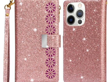 For iPhone 14 Pro Max 6.7 inch Flip Cover, Fall Proof Laser Carving Glittery Starry Style Zipper Wallet Stand Leather Phone Case with Strap Sale