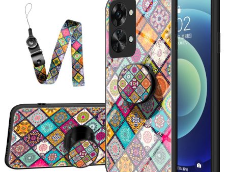 For OnePlus Nord 2T 5G Flower Pattern Phone Case Tempered Glass + PC + TPU Kickstand Protective Cover with Lanyard Fashion